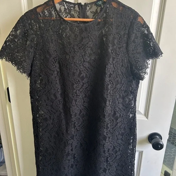 Ralph Lauren size 16 black lace mini shift dress. Black slip underneath. - Picture 4 of 15